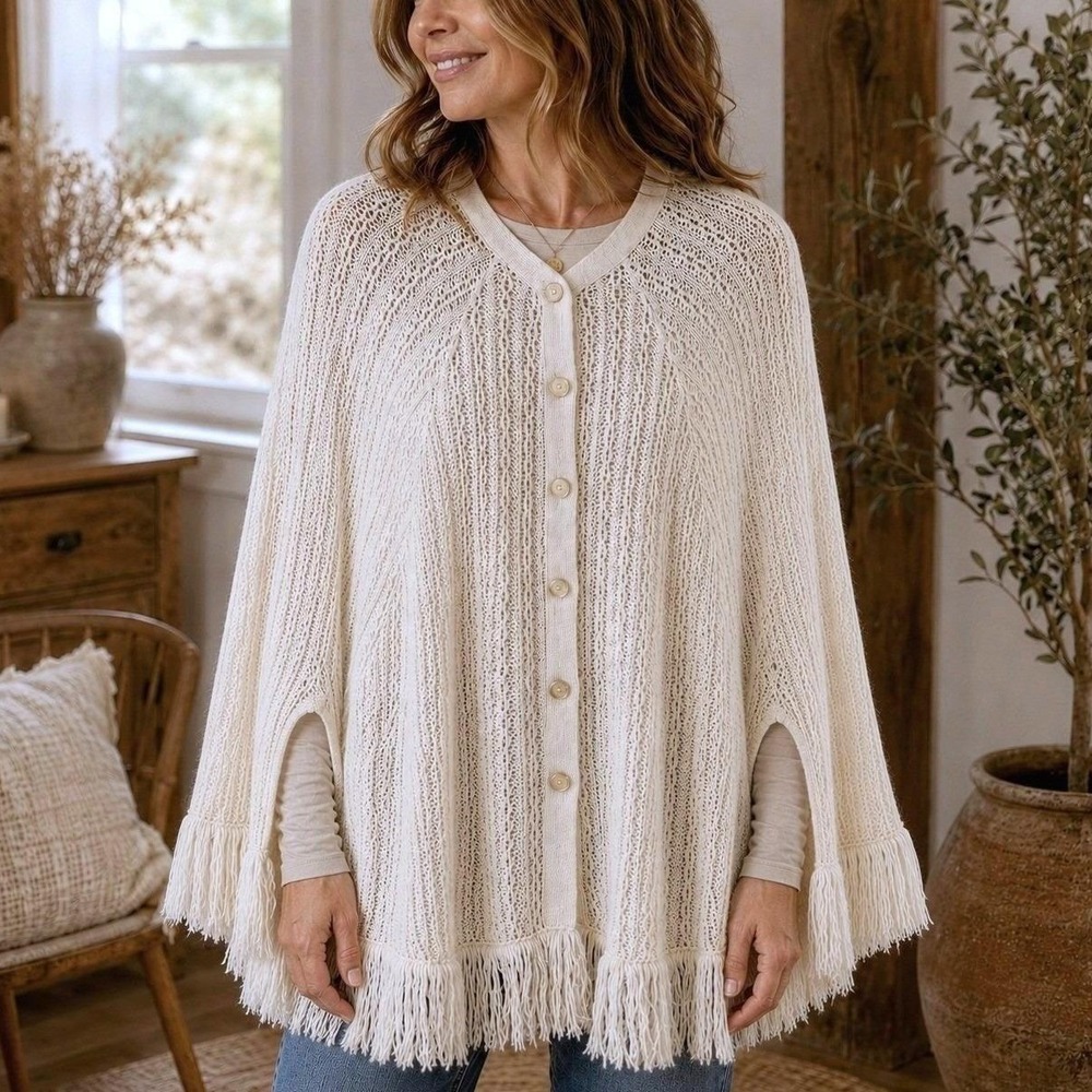Ivory Knit Poncho Cape Fringe Button Front Handmade Boho Vintage 70s One Size